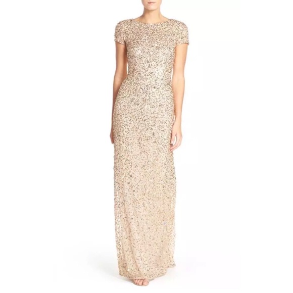 adrianna papell one shoulder sequin dress champagne